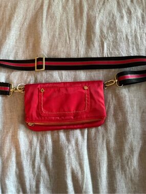 Red Crossbody Belt Bag with Striped Adjustable Strap